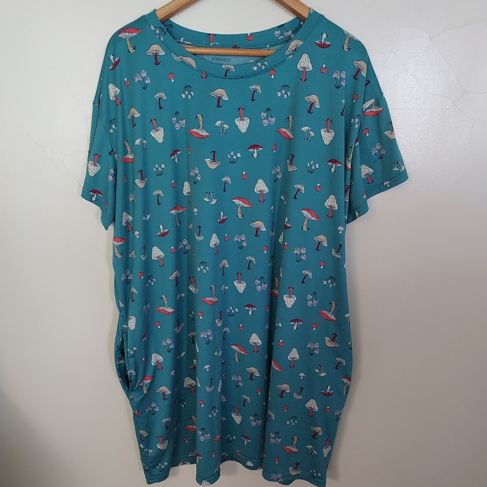 Teal Green Mushroom Print T-Shirt Dress Plus Size 2X Fairycore Goblincore